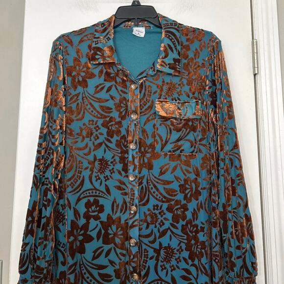 Cozy Co Burnout Velvet Floral Button Front Shirt Dress Teal Brown Medium Boho - Picture 5 of 14